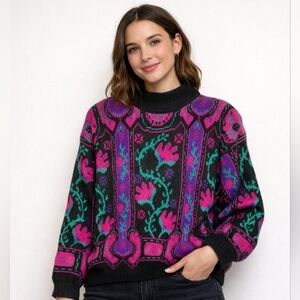 Koret Vintage Black Sweater with Pink and Green Patterns EUC PTP 21